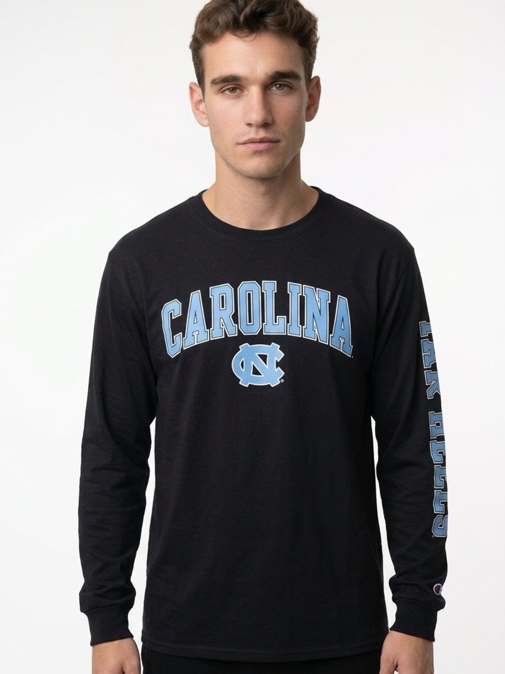 Champion Black Long-Sleeve Crewneck with Carolina Blue 'CAROLINA' Graphic
